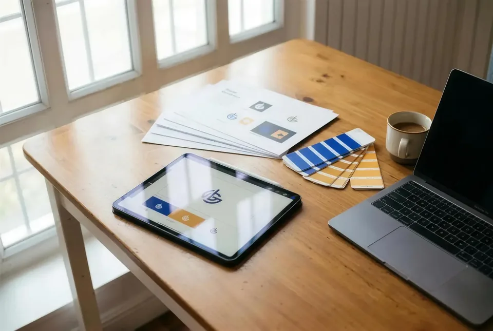 iPad Pro mit Apple Pencil zeigt Logo- und Brand-Design, daneben Farbfächer und ein MacBook.