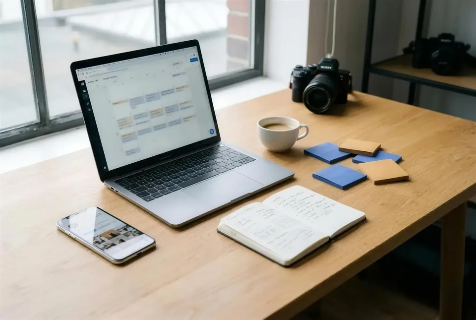 Heller Schreibtisch mit MacBook und iPhone, Social-Media-Content-Kalender und Sony-Kamera.