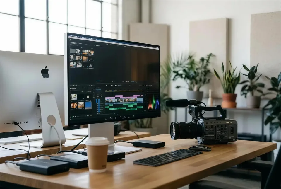 Videoschnitt-Timeline mit bunten Clips auf einem Apple-Display, daneben eine Sony-Kamera.