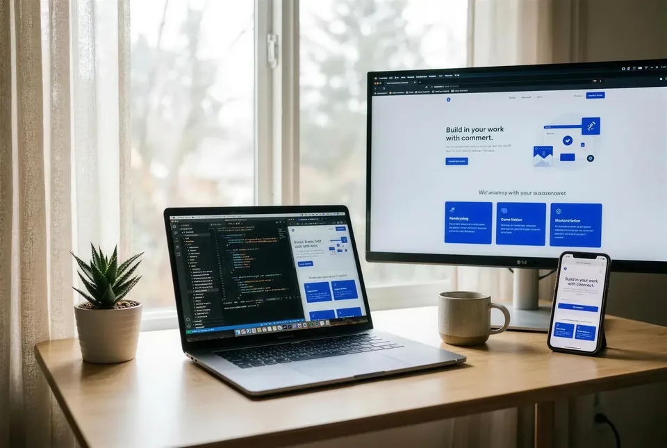 MacBook mit Code-Editor und externer Monitor mit responsivem Website-Design in Blau.